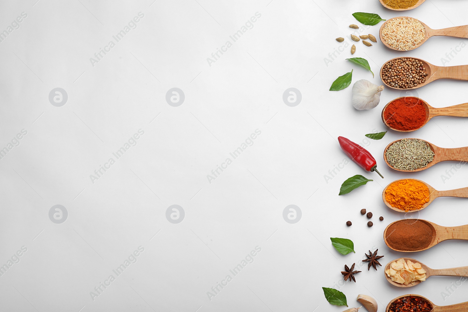 Photo of Composition with different aromatic spices in wooden spoons on white background