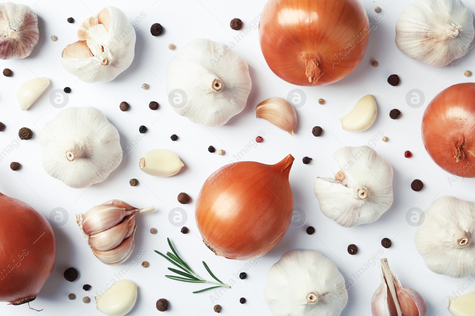 Photo of Composition with garlic and onions on white background, top view