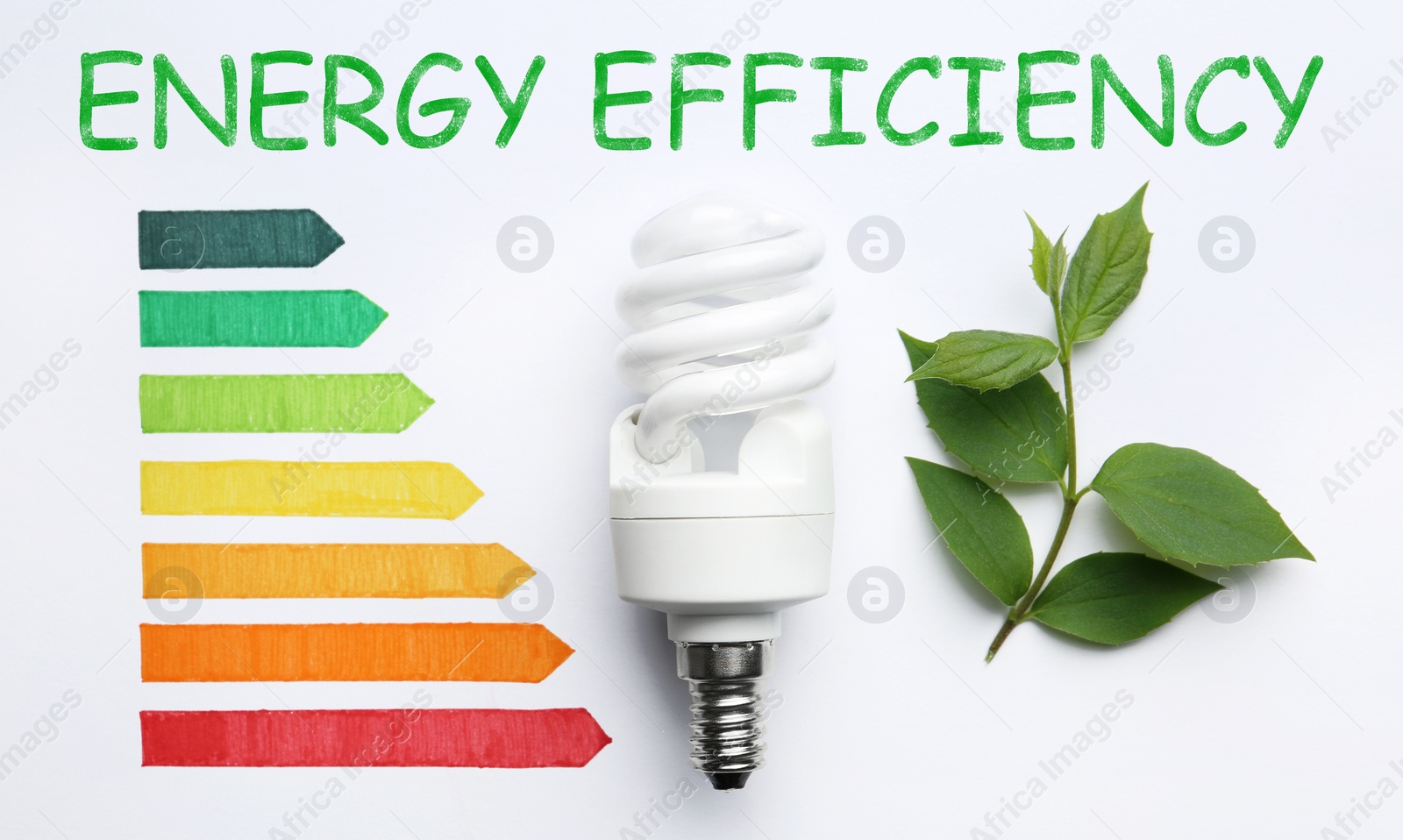 Image of Flat lay composition with energy efficiency rating chart, fluorescent light bulb and leaves on white background
