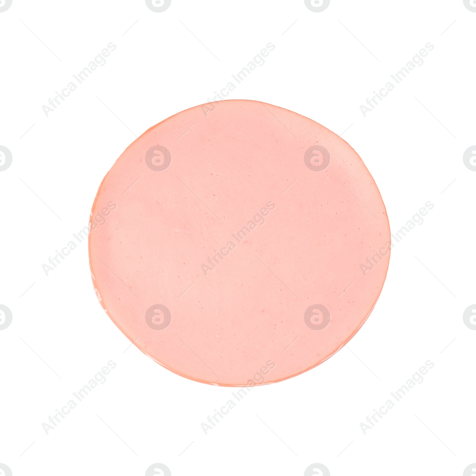 Photo of Slice of delicious boiled sausage isolated on white, top view