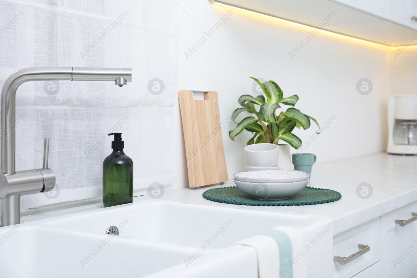 Photo of Kitchen counter with sink, houseplant and clean dishes
