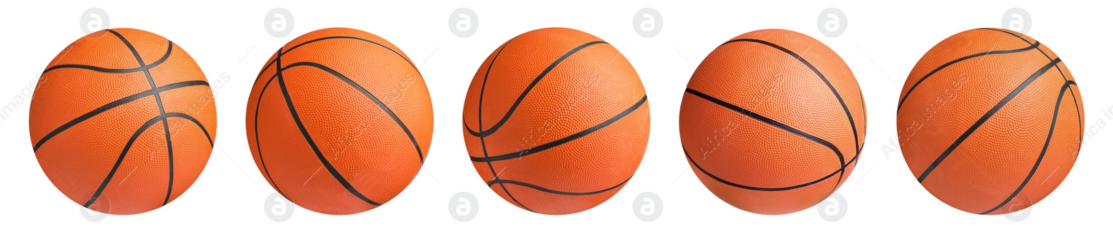 Image of Set with orange basketball balls on white background. Banner design