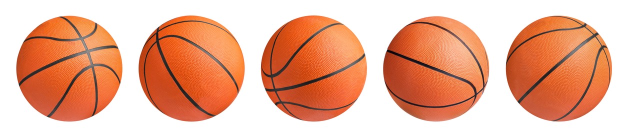Image of Set with orange basketball balls on white background. Banner design