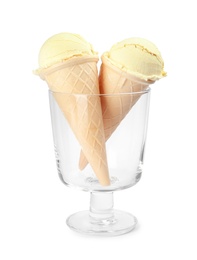 Dessert bowl with delicious vanilla ice cream in waffle cones on white background