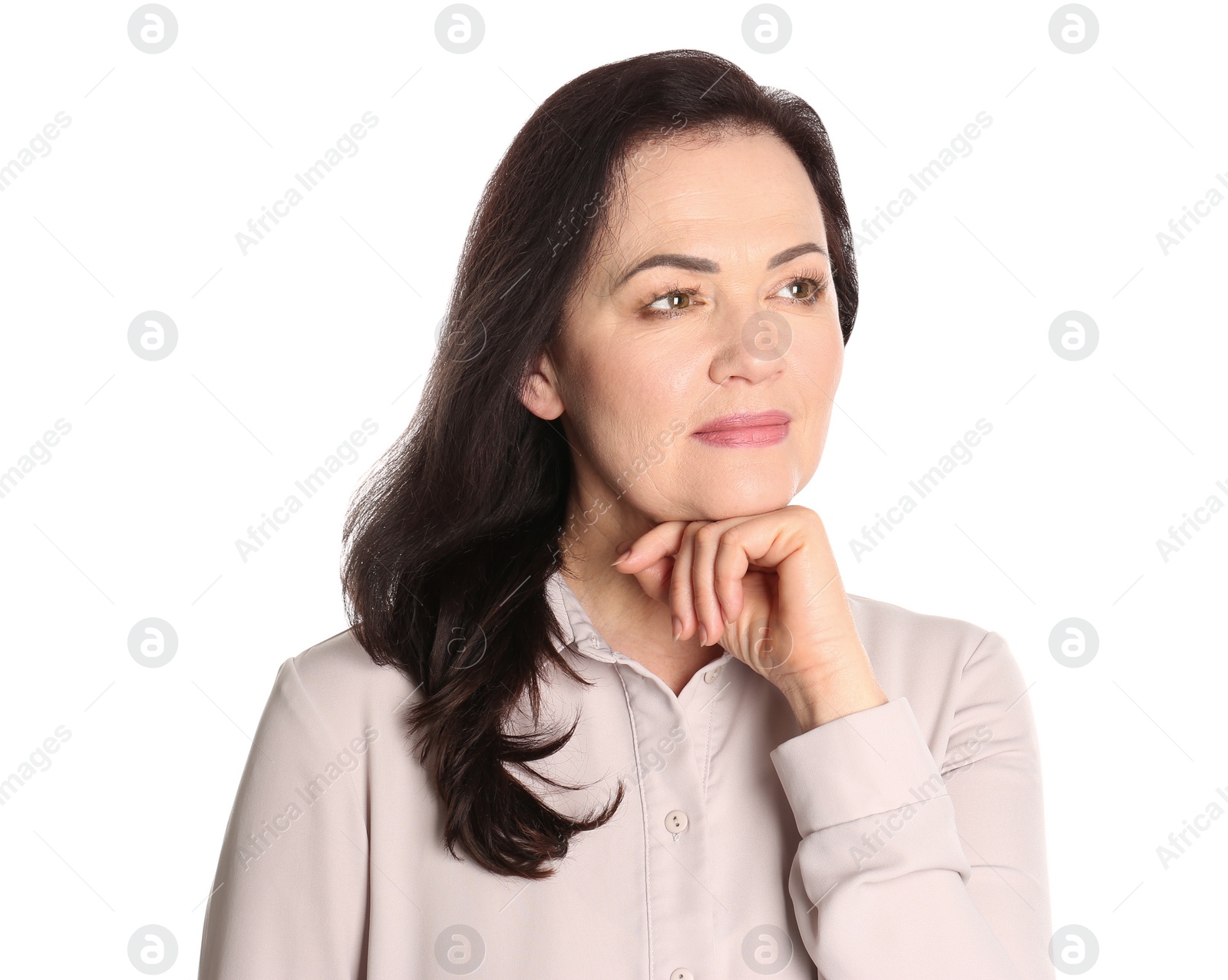 Photo of Portrait of charming mature woman with healthy beautiful face skin and natural makeup on white background