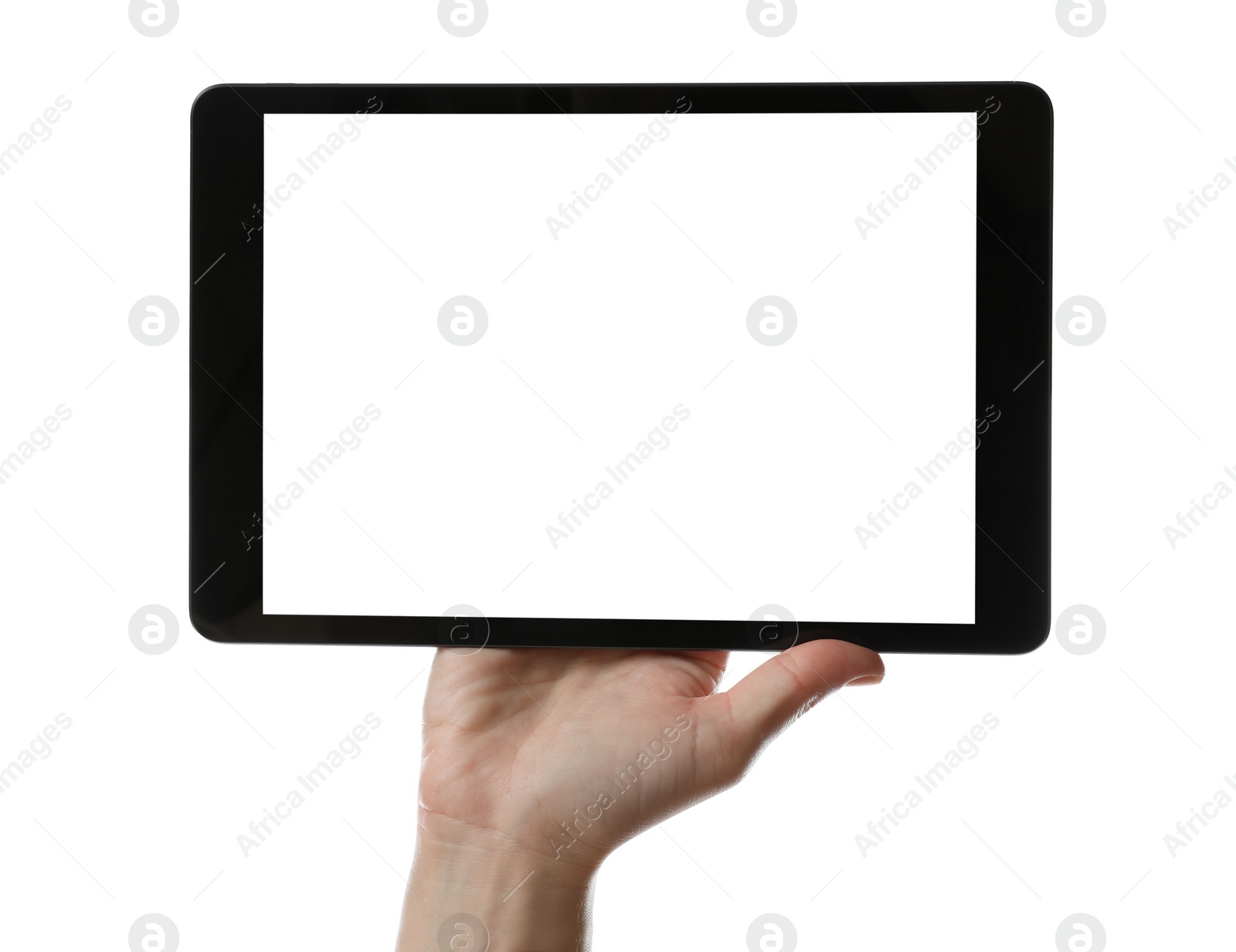 Photo of Woman holding tablet computer with blank screen on white background, closeup. Modern gadget