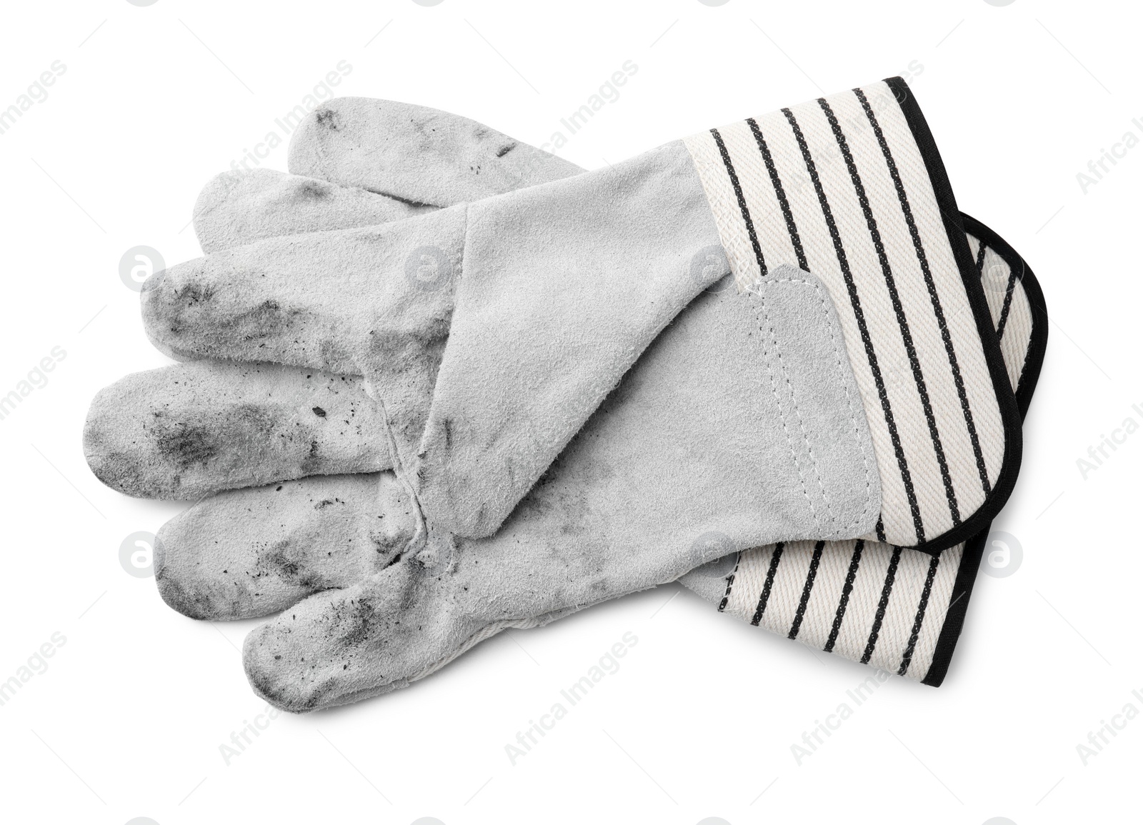 Photo of Pair of color gardening gloves isolated on white, top view