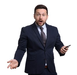 Photo of Handsome bearded businessman in suit using smartphone on white background