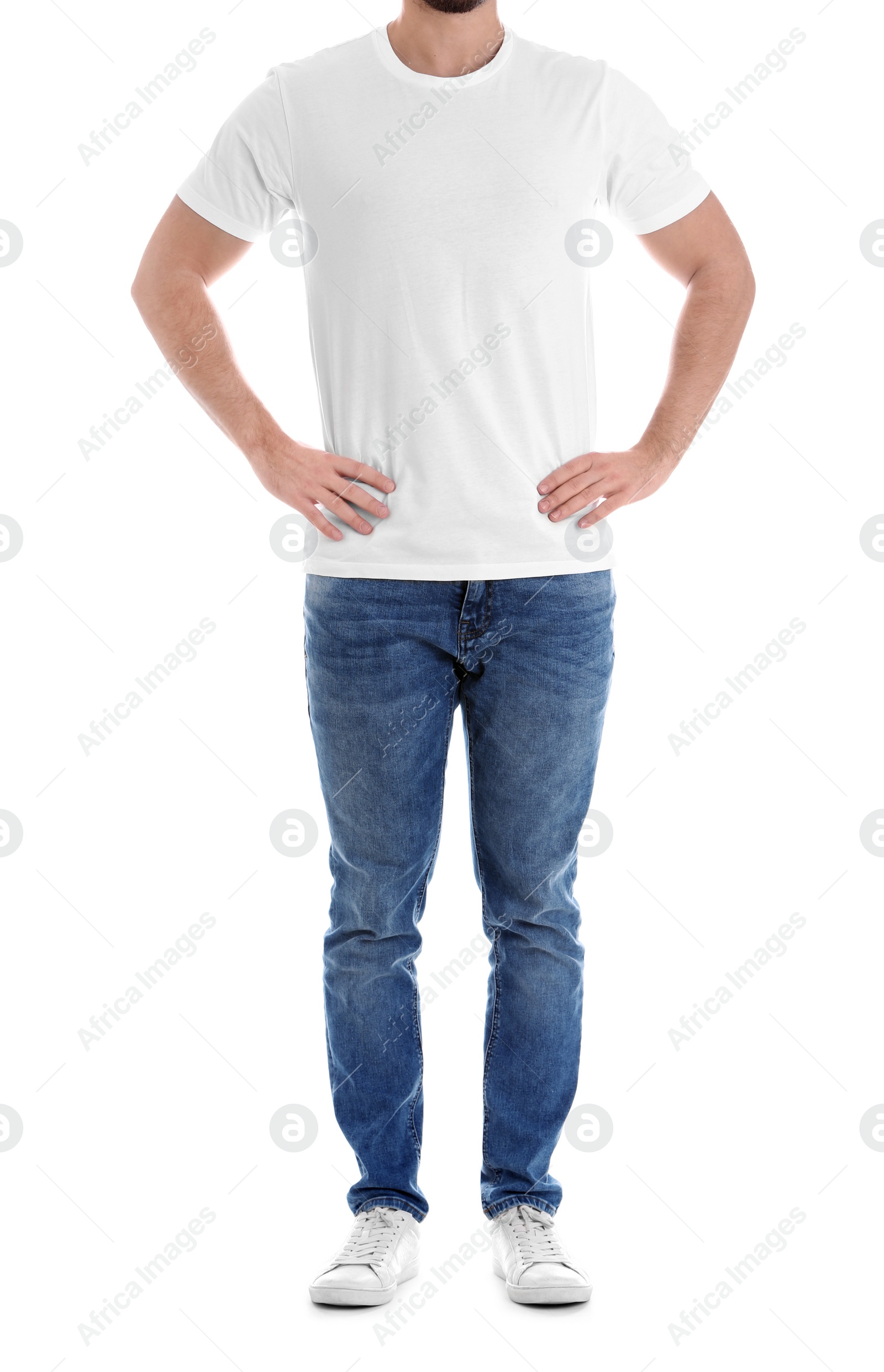 Photo of Young man on white background, closeup. Weight loss