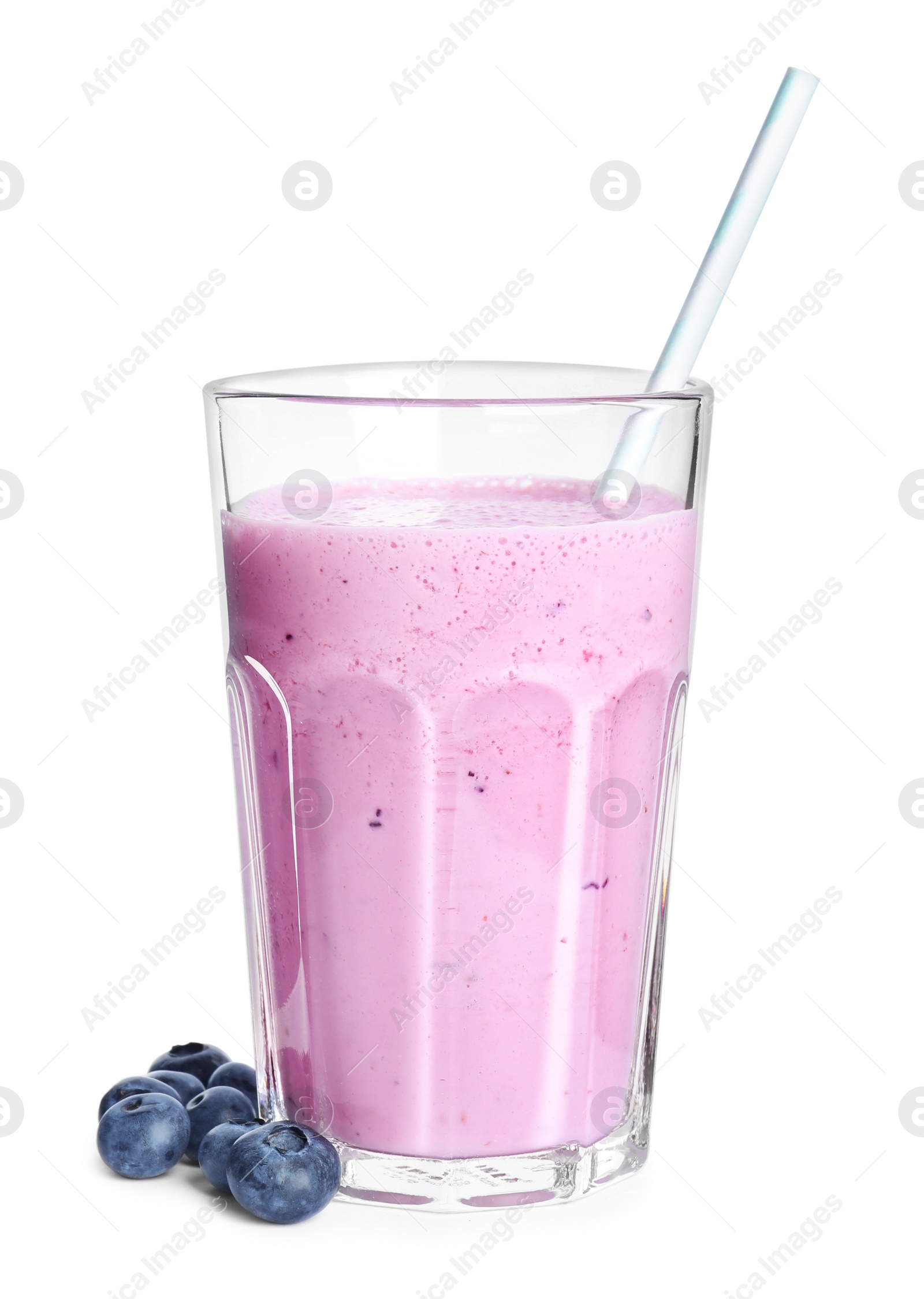 Photo of Tasty blueberry milk shake and berries isolated on white