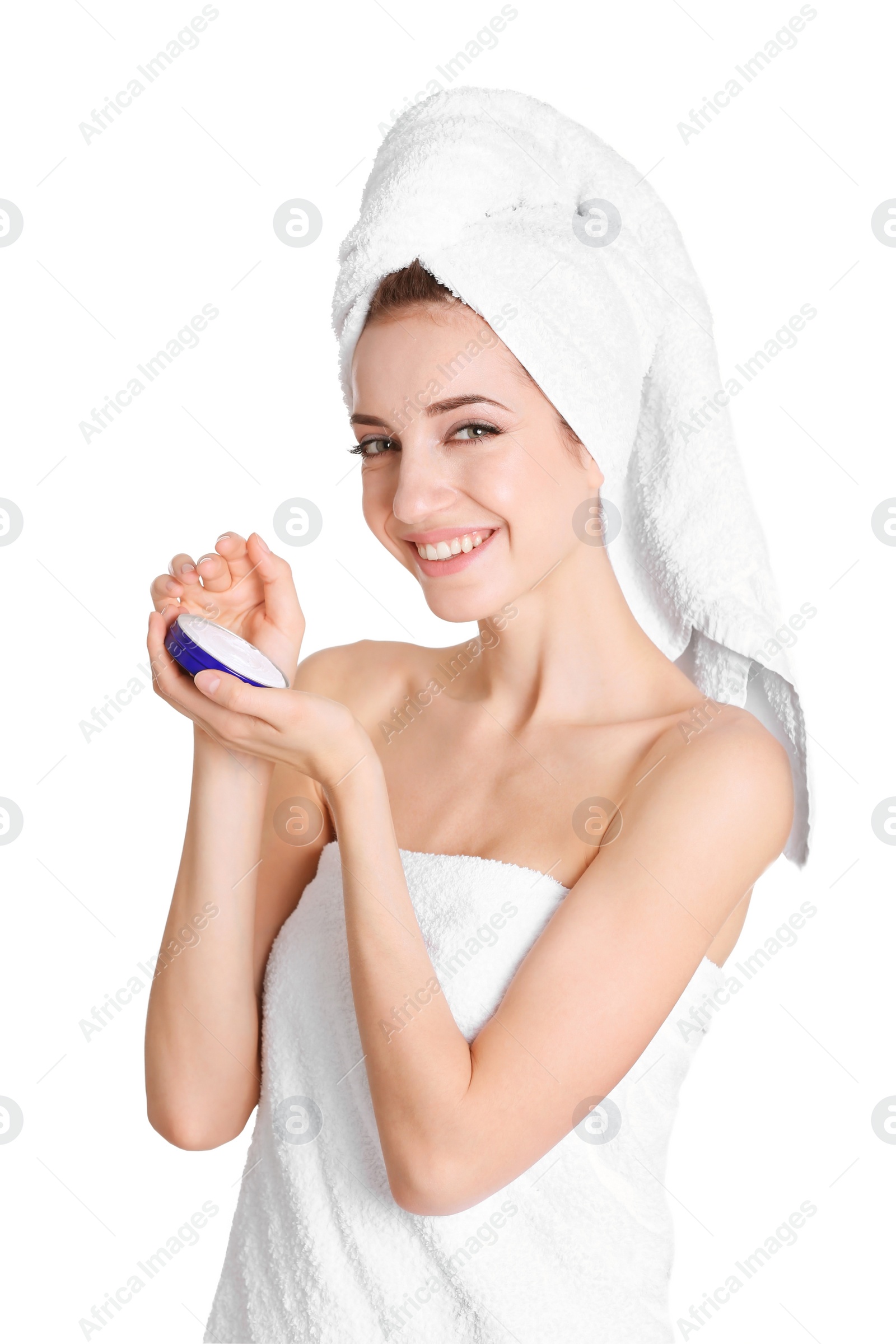 Photo of Young woman with jar of hand cream on white background