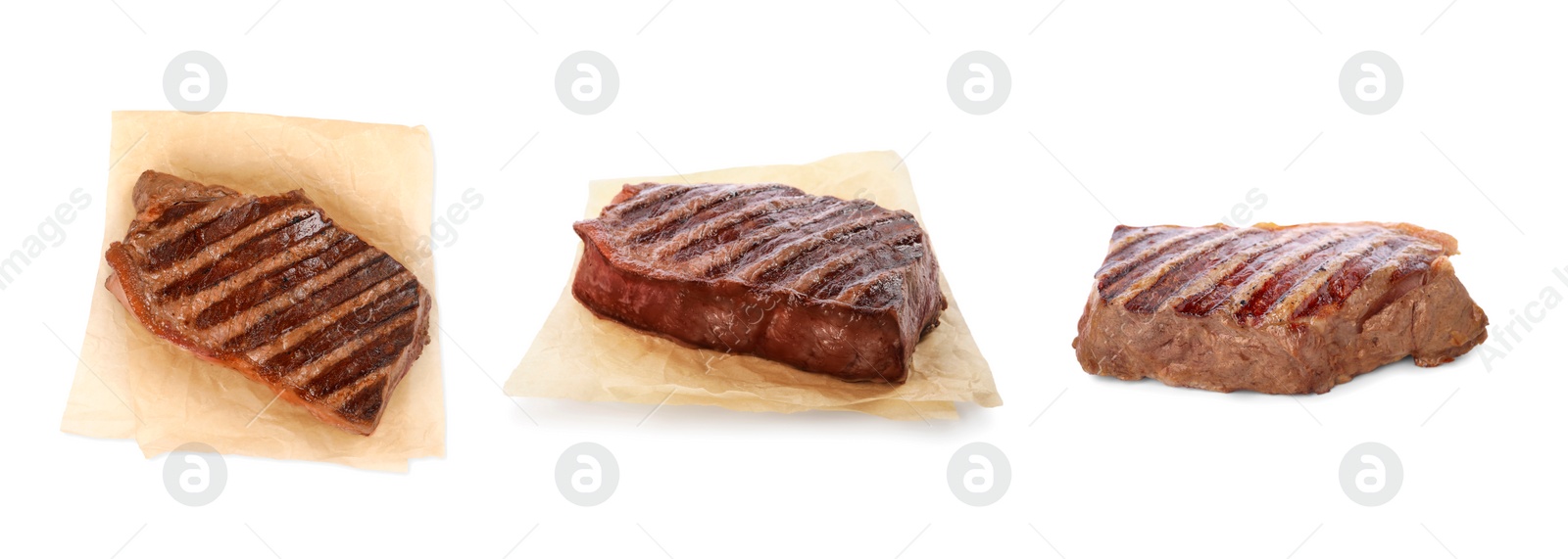 Image of Delicious grilled beef steaks isolated on white, set