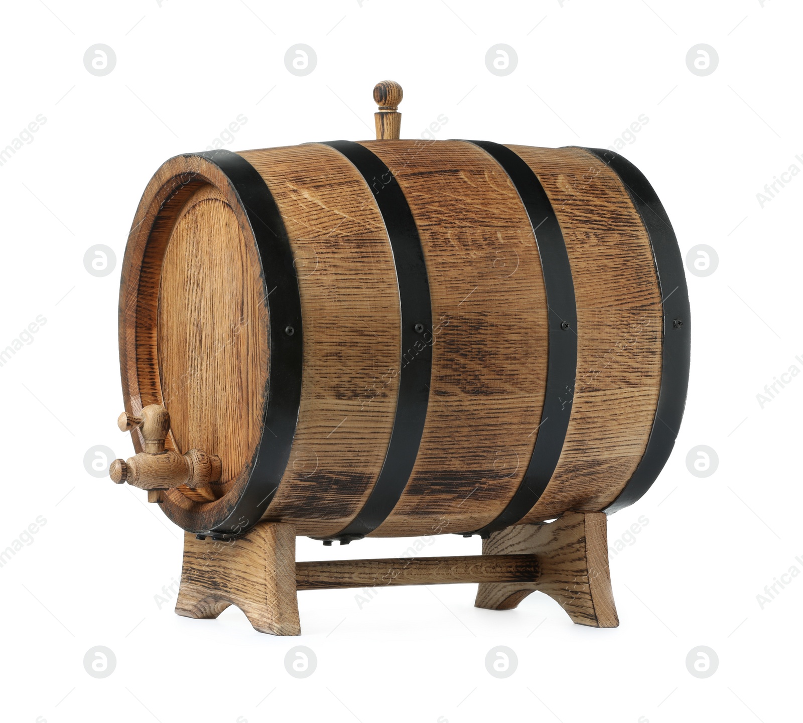 Photo of One wooden barrel with tap on white background