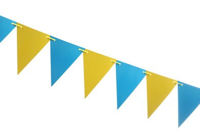 Triangular bunting flags on white background. Festive decor