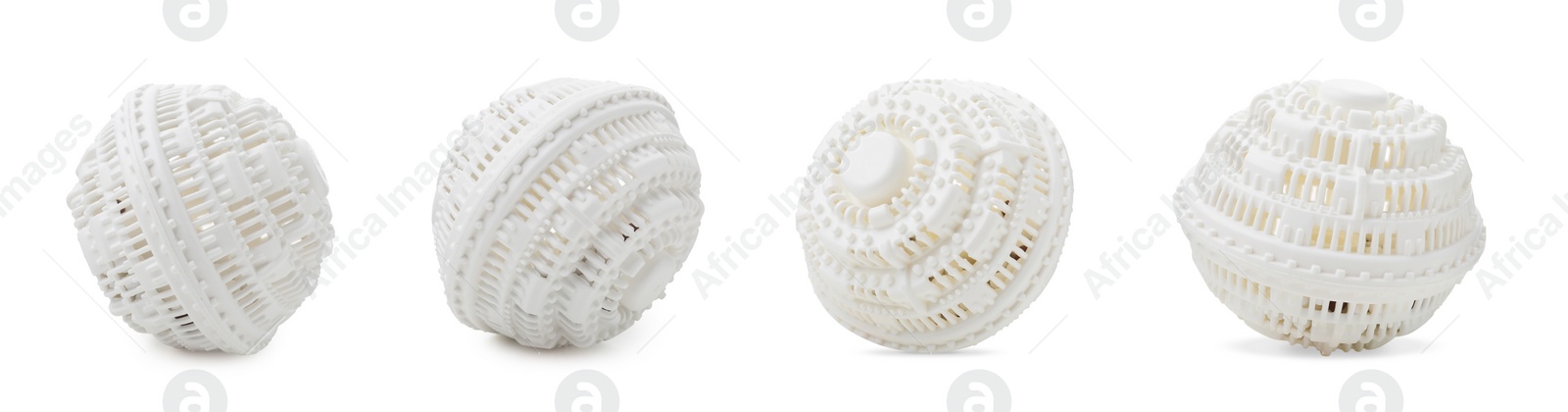 Image of Set with dryer balls for washing machine on white background, banner design