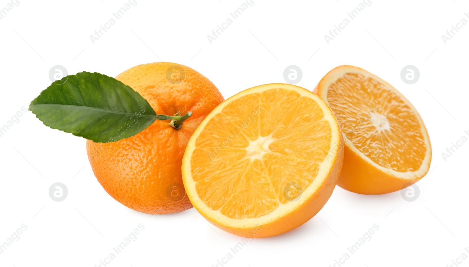 Image of Tasty fresh ripe oranges on white background