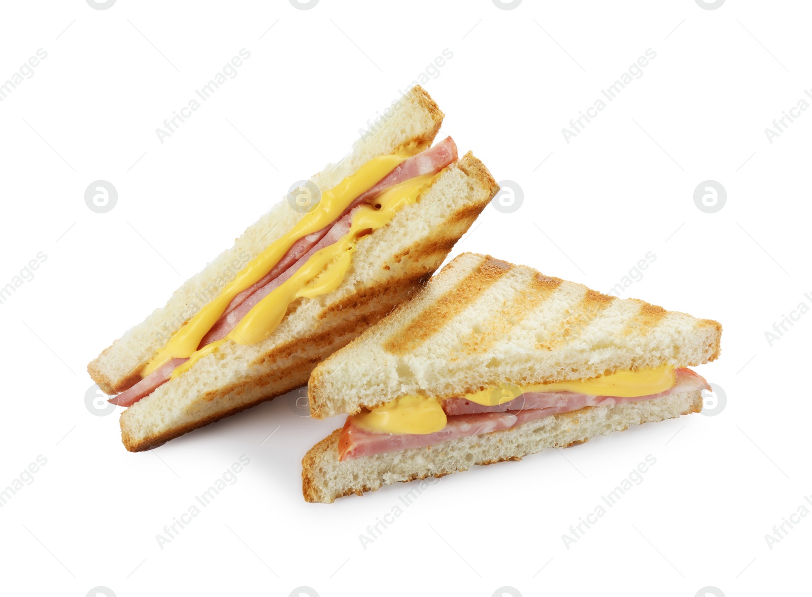 Photo of Tasty sandwiches with ham and melted cheese isolated on white