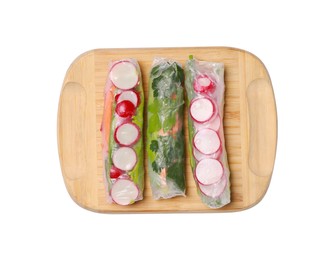Delicious spring rolls wrapped in rice paper isolated on white, top view