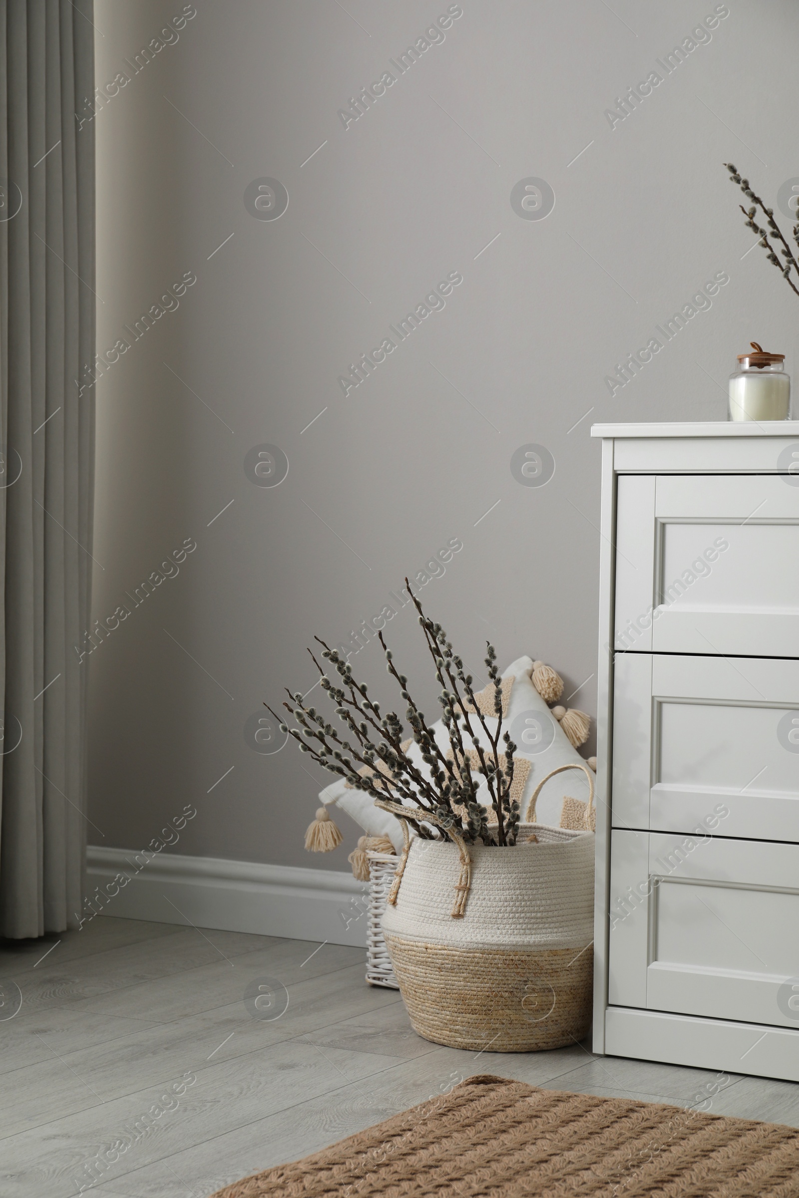 Photo of Basket with pussy willow branches near chest of drawers indoors