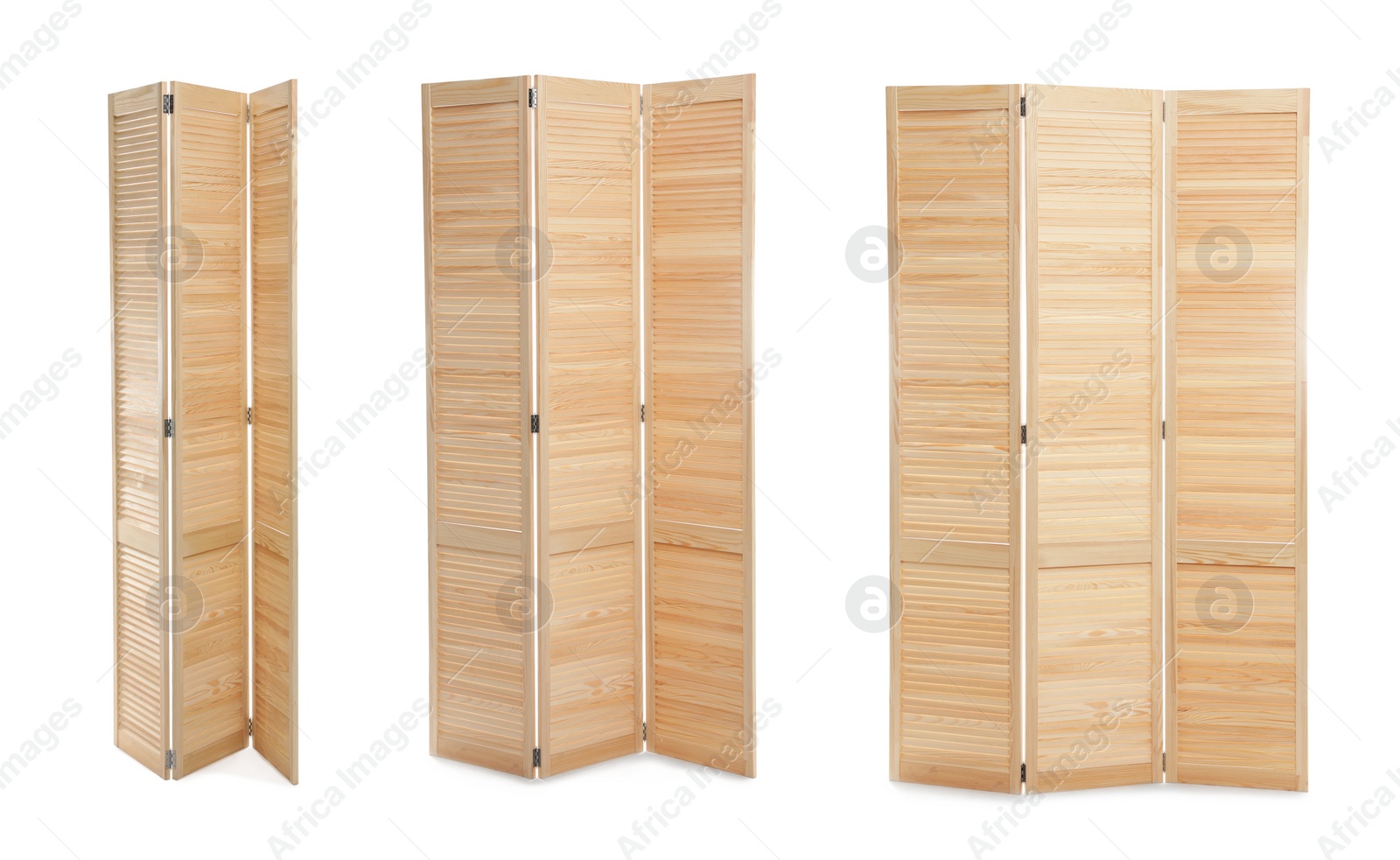 Image of Set with photos of wooden room divider screen on white background