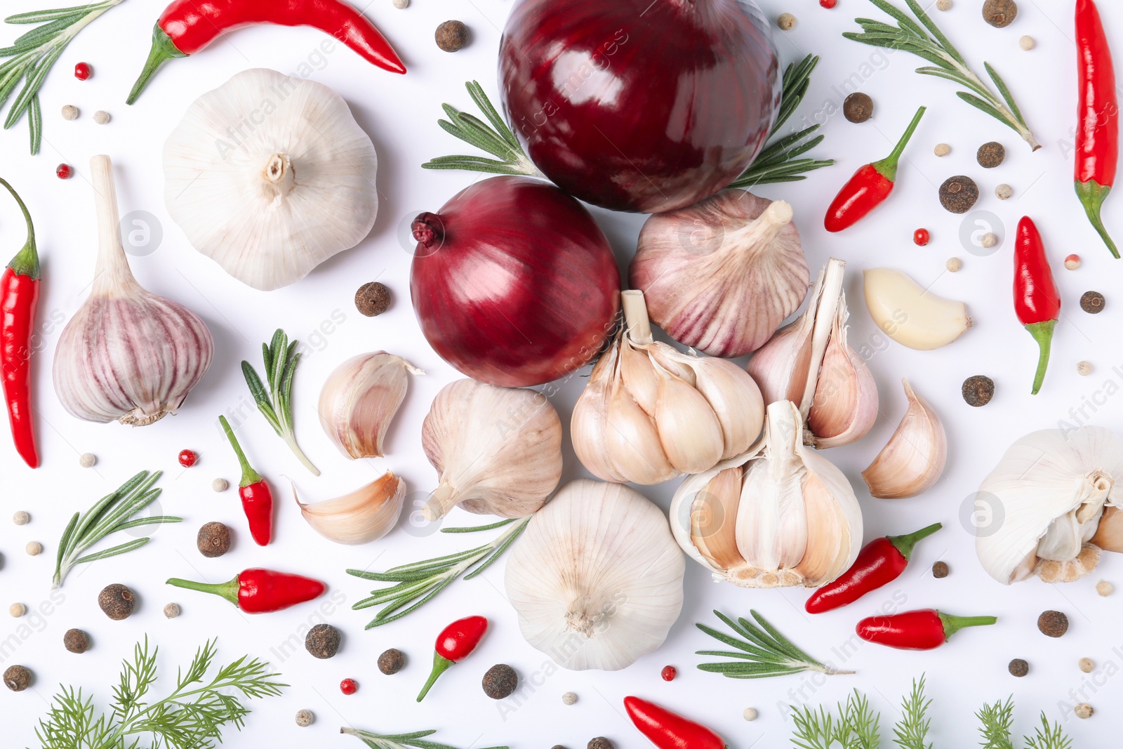 Photo of Composition with garlic, peppers and onions on white background, top view