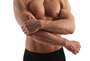 Man with muscular body on white background, closeup