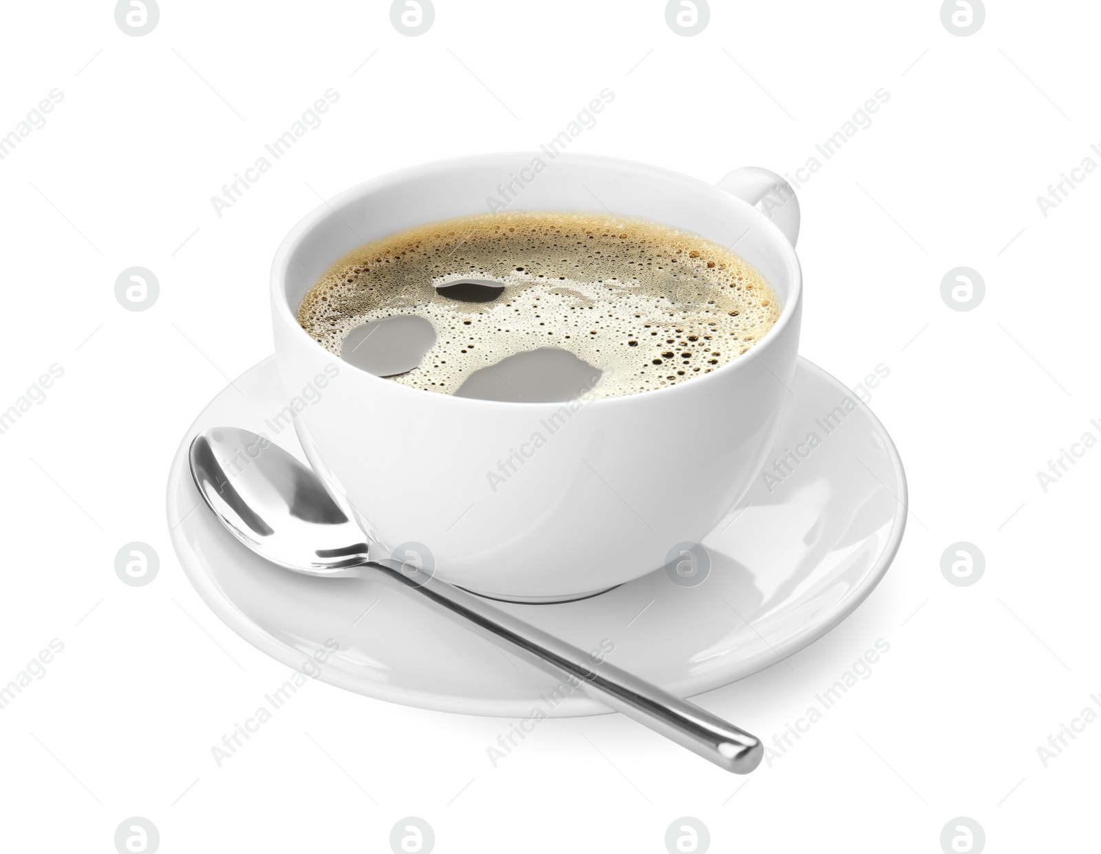 Photo of Cup with delicious hot coffee on white background