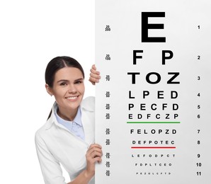 Image of Ophthalmologist with vision test chart on white background