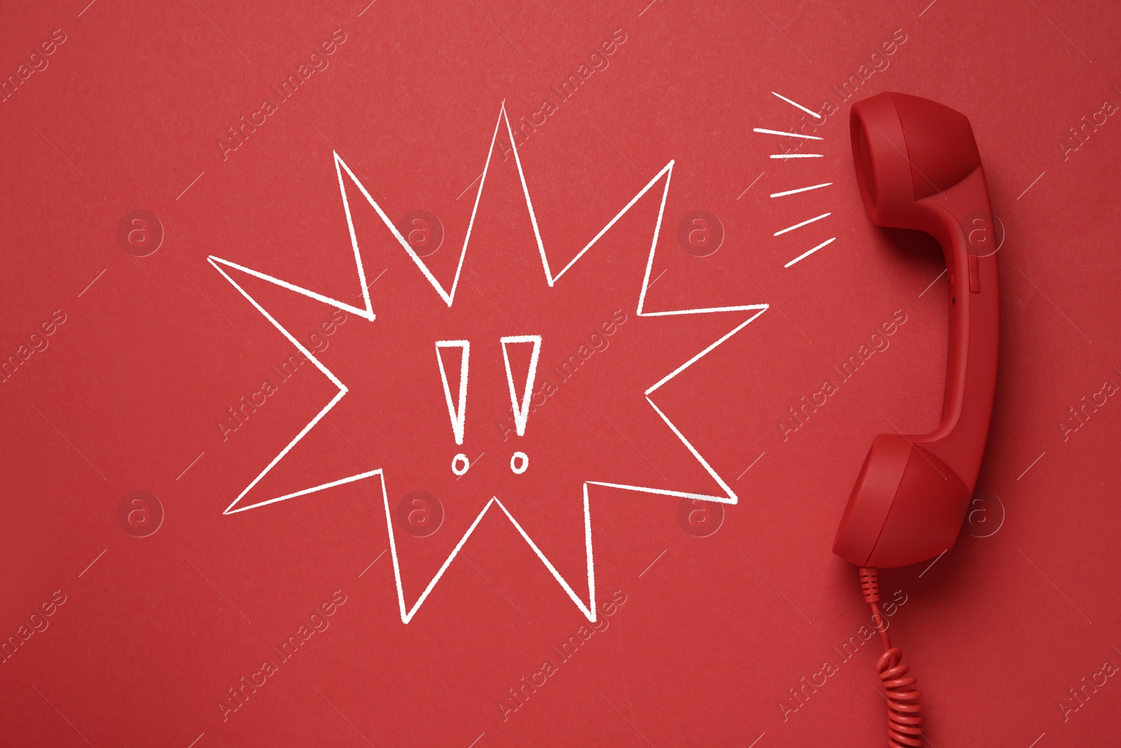 Image of Complaint. Corded telephone handset and illustration on red background, top view