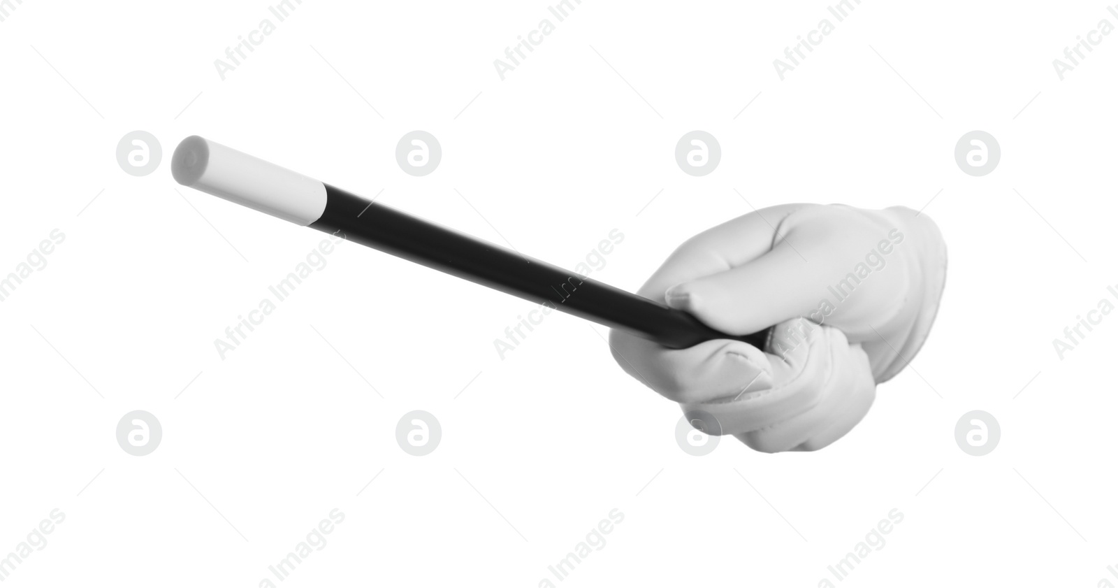 Photo of Magician with magic wand on white background, closeup