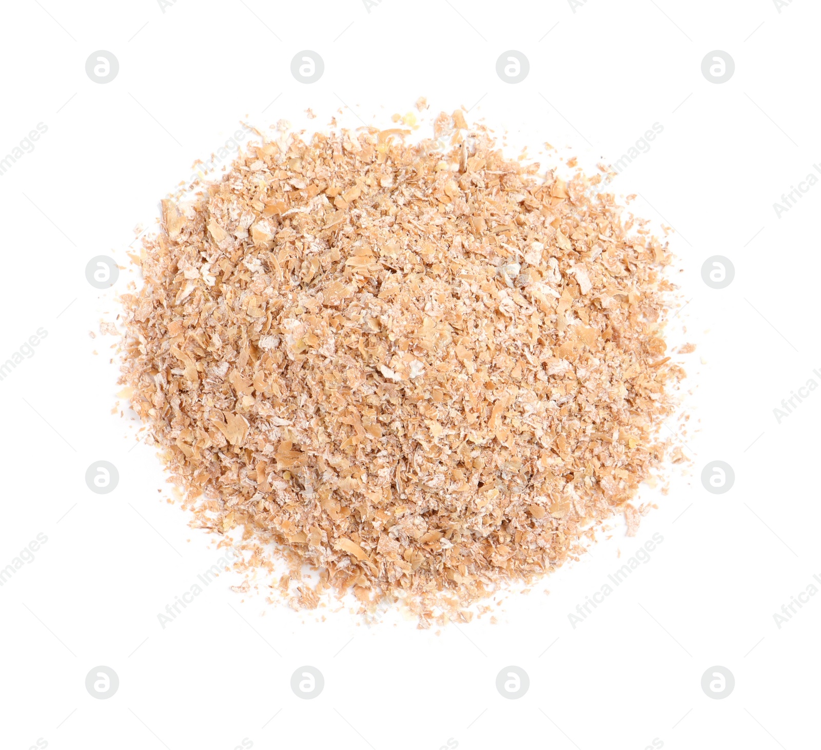 Photo of Pile of wheat bran on white background, top view