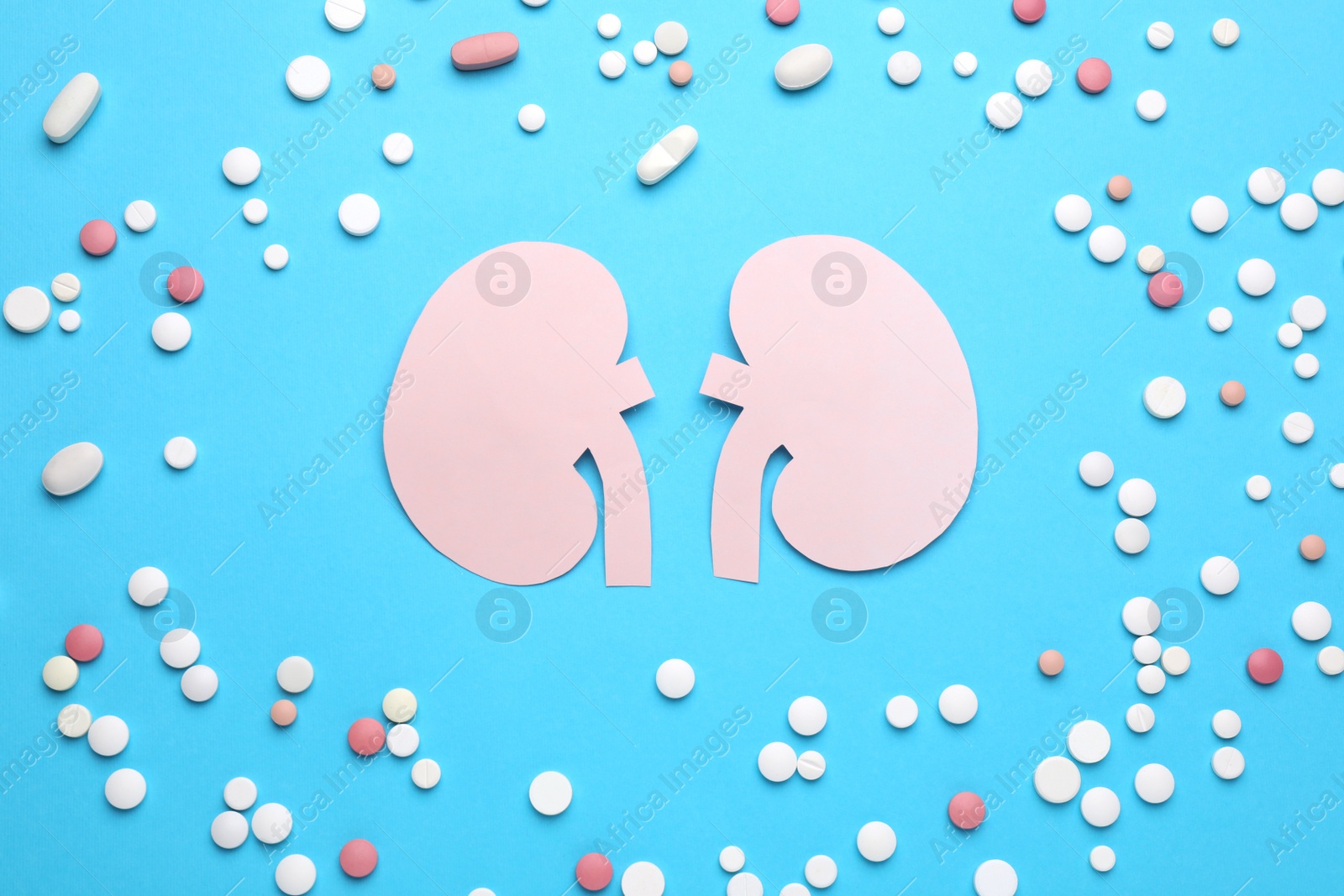 Photo of Paper cutout of kidneys and pills on light blue background, flat lay