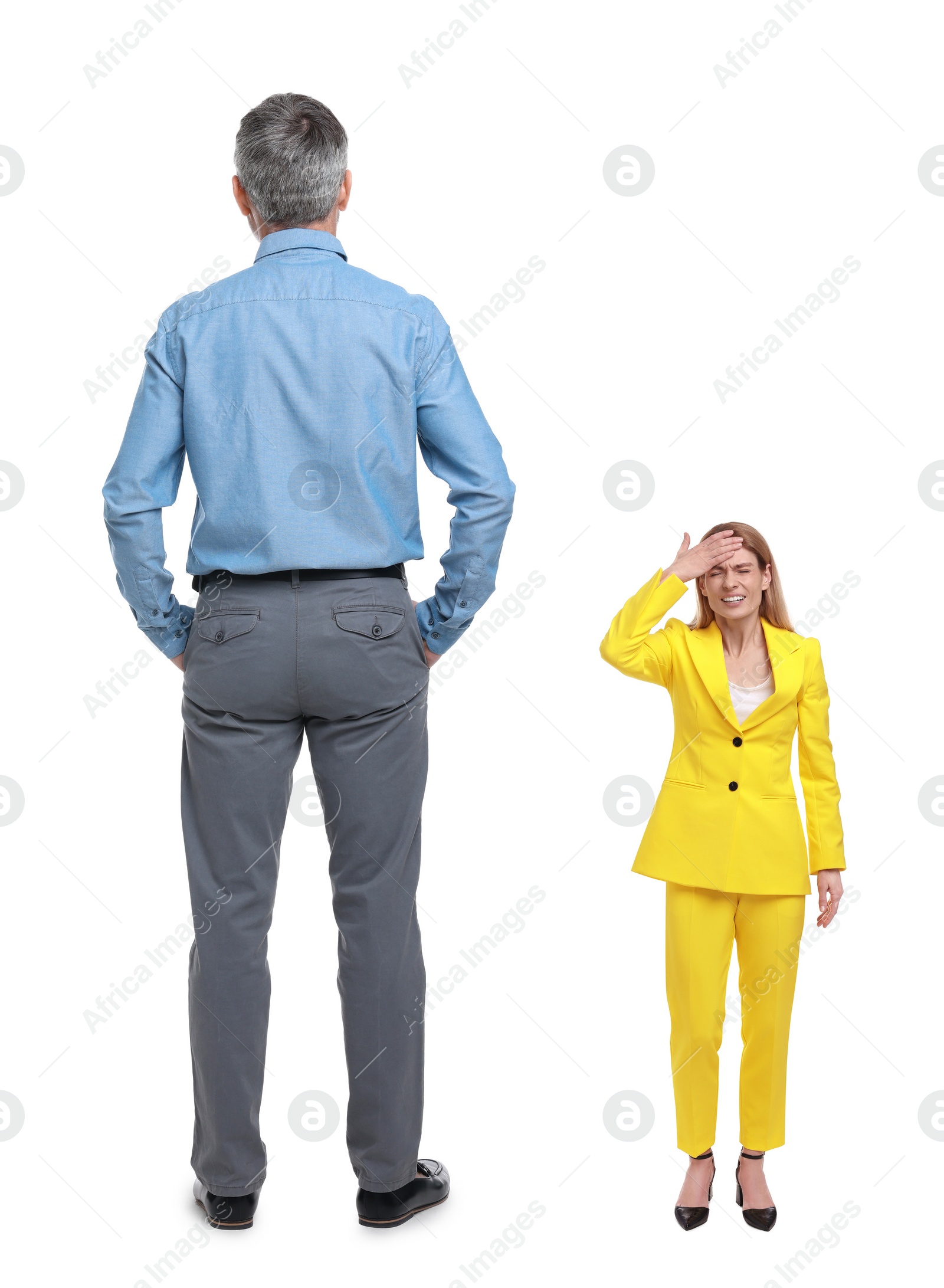 Image of Big man and emotional small woman on white background