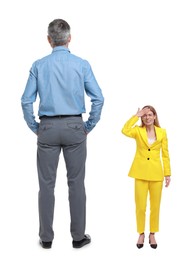 Image of Big man and emotional small woman on white background