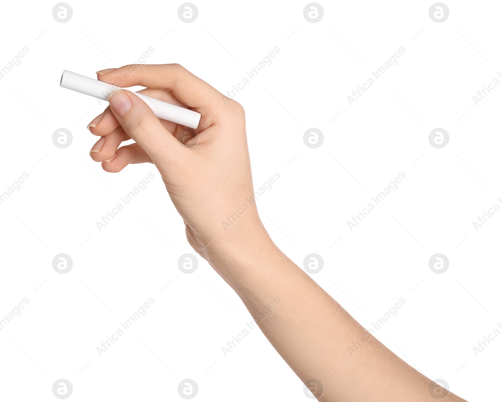Photo of Woman holding piece of chalk on white background, closeup