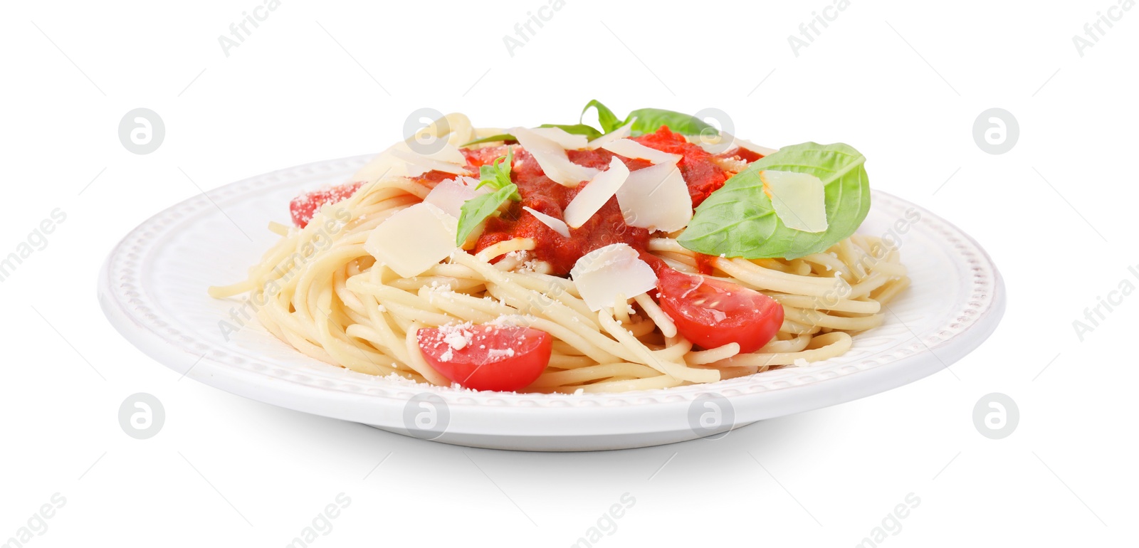 Photo of Tasty pasta with tomato sauce, cheese and basil isolated on white