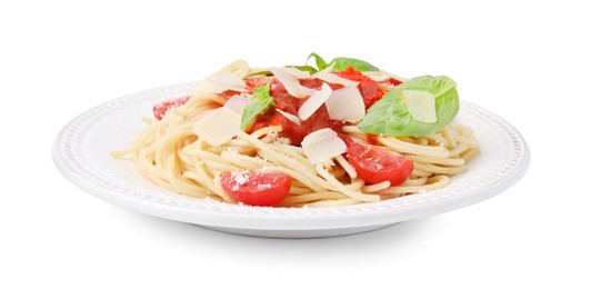 Tasty pasta with tomato sauce, cheese and basil isolated on white