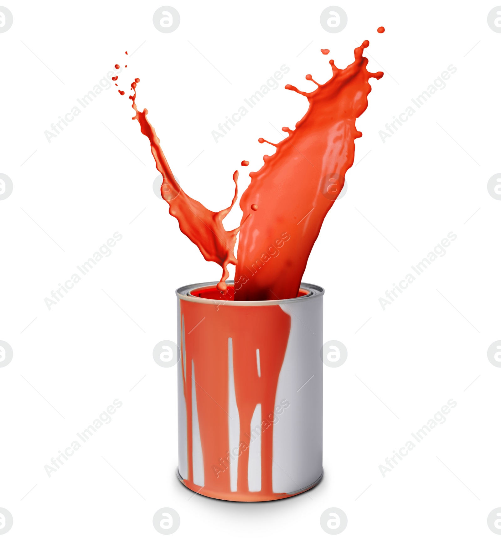 Image of Can with splashing red paint isolated on white