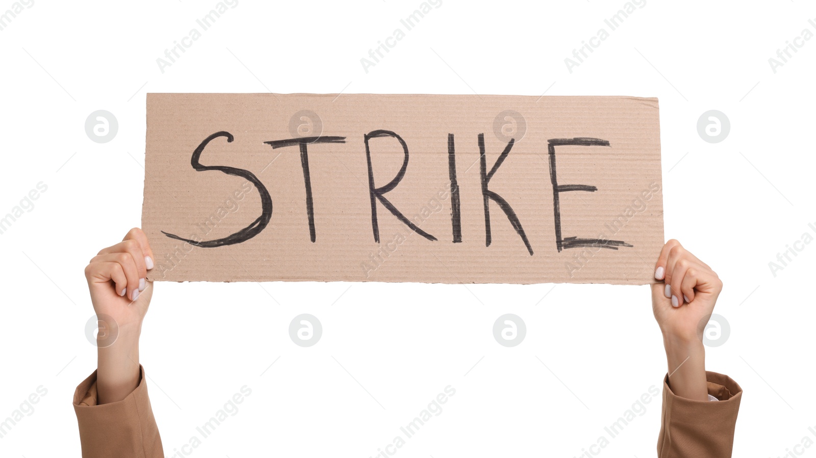 Photo of Woman holding cardboard banner with word Strike on white background, closeup