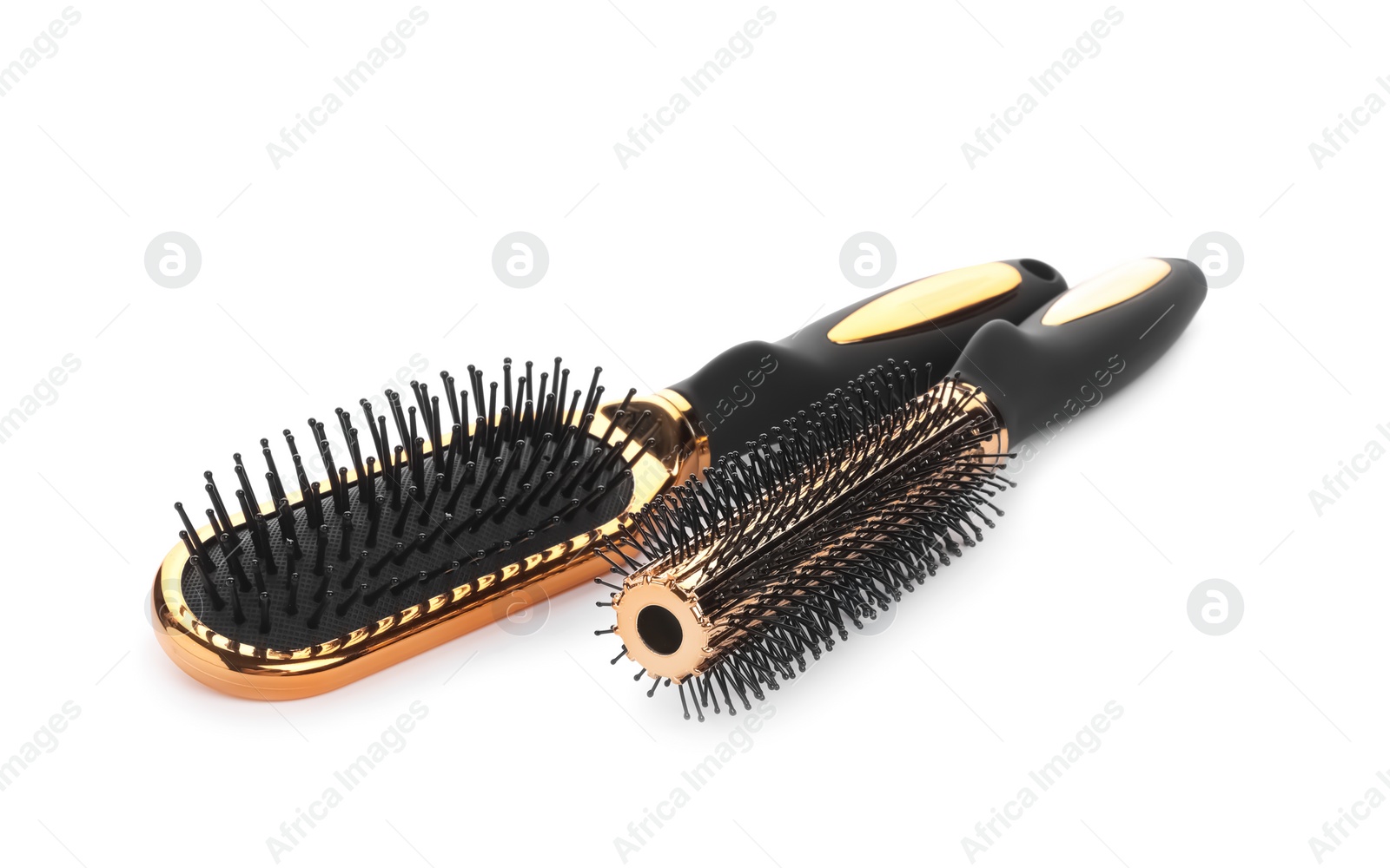 Photo of Set of modern hair brushes on white background