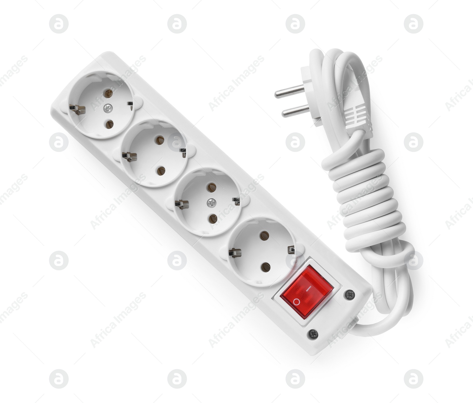 Photo of Power strip isolated on white, top view. Electrician's equipment