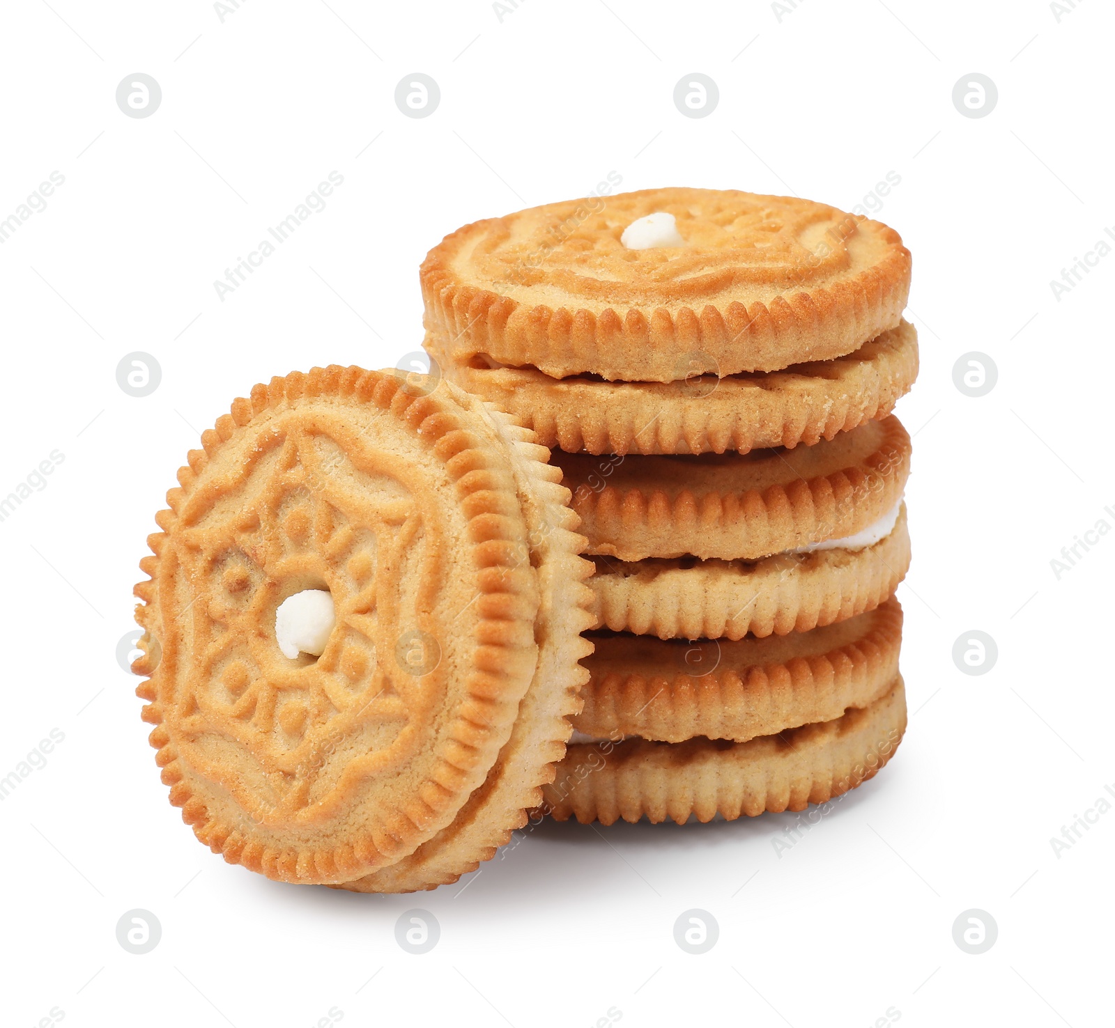 Photo of Stack of tasty sandwich cookies isolated on white