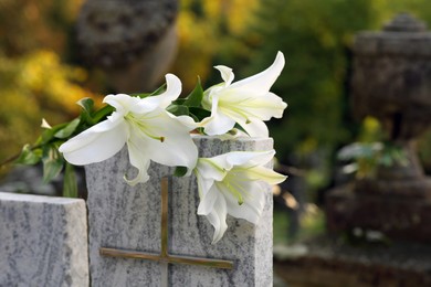 White lilies on granite tombstone outdoors, space for text. Funeral ceremony