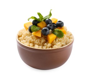 Photo of Tasty quinoa porridge with blueberries, pumpkin and mint in bowl isolated on white