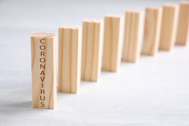 Photo of Wooden domino tiles on white table, space for text. Spreading of coronavirus concept