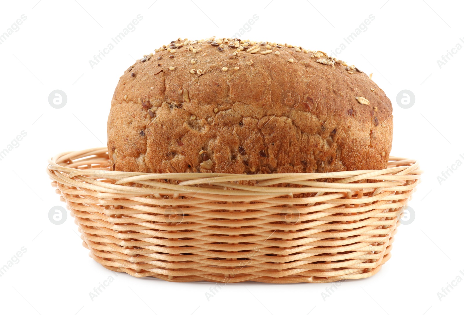 Photo of Wicker basket with fresh bread isolated on white