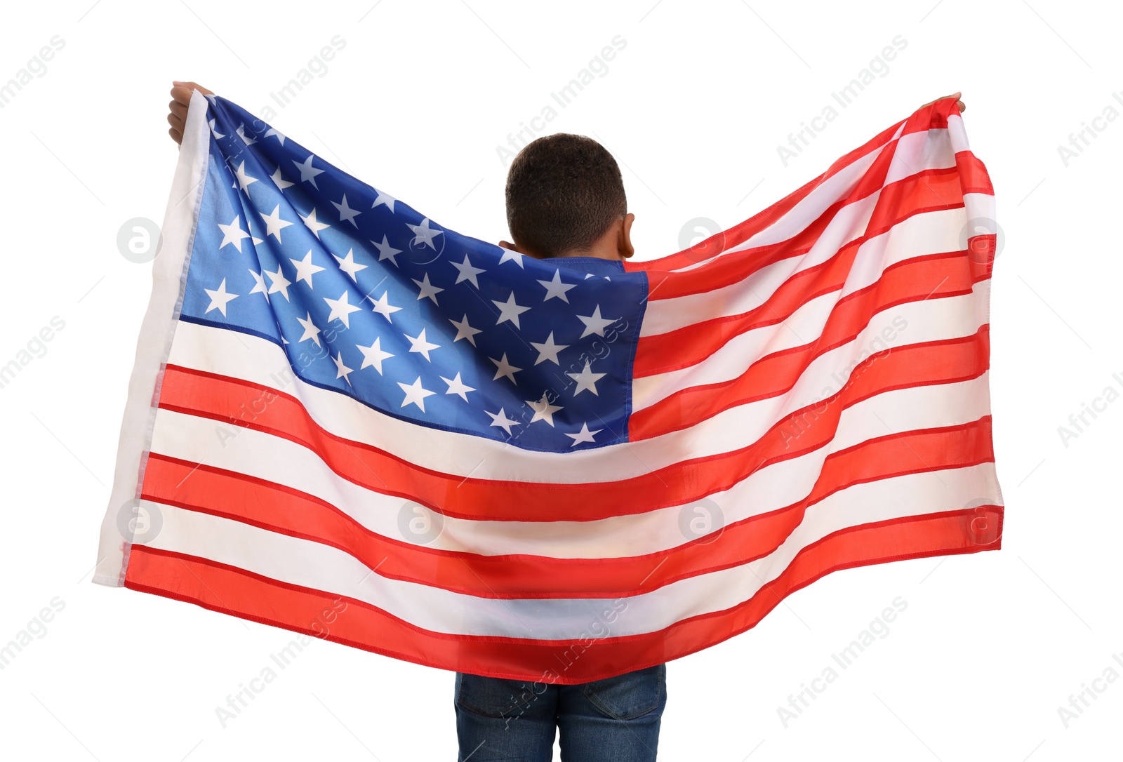 Photo of 4th of July - Independence Day of USA. Boy with American flag on white background, back view