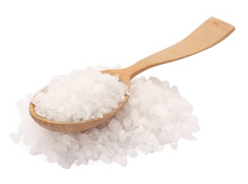 Photo of Sea salt and spoon isolated on white