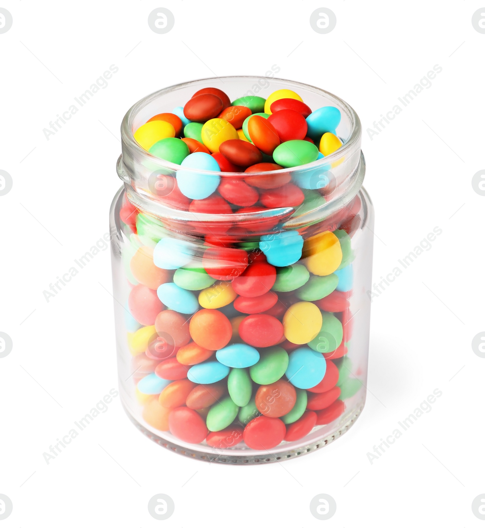 Photo of Jar with tasty colorful candies isolated on white