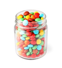 Photo of Jar with tasty colorful candies isolated on white